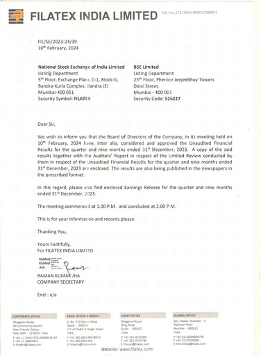 Miniature Filatex India
 Rapport trimestriel 2024-q3