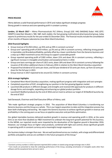 Vorschaubild Hikma Pharmaceuticals
 Finanzbericht 2016