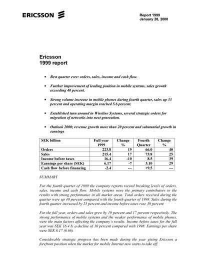Thumbnail Ericsson Financial Statement 1999