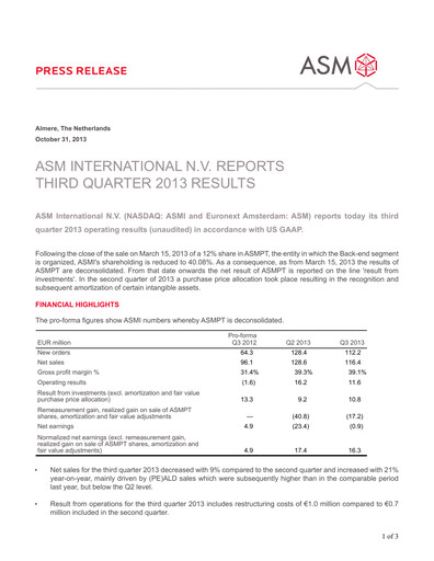 Thumbnail ASM International
 Quarterly Report 2013-q3
