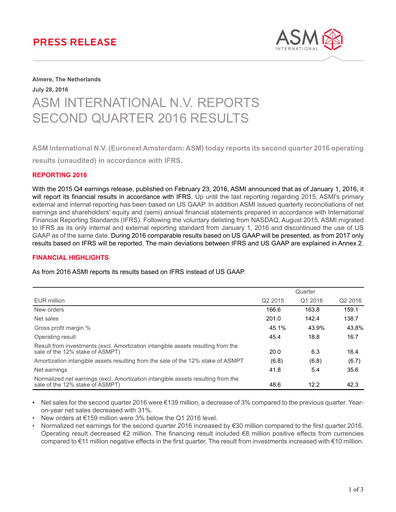 Thumbnail ASM International
 Quarterly Report 2016-q2