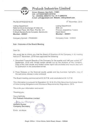 Thumbnail Prakash Industries
 Half-year Report 2019-h1