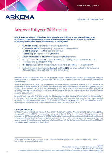 Miniature Arkema Rapport financier 2019
