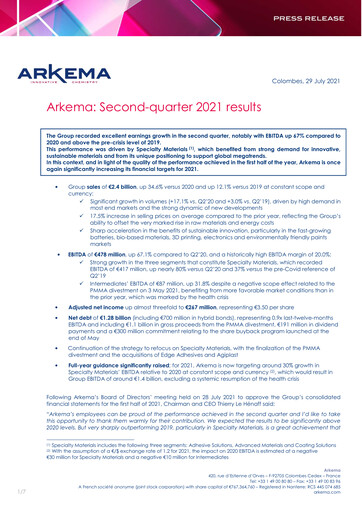 Thumbnail Arkema Quarterly Report 2021-q2