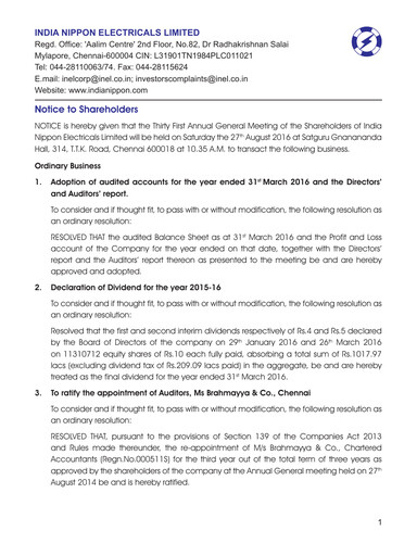Thumbnail India Nippon Electricals Annual Report 2015-2016