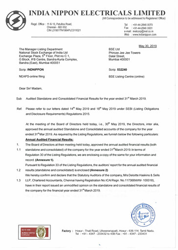 Thumbnail India Nippon Electricals Financial Statement 2018-2019