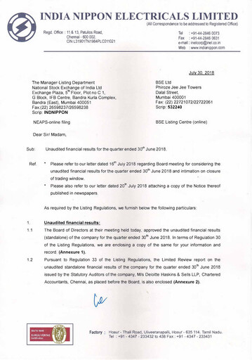 Thumbnail India Nippon Electricals Quarterly Report 2018-q1