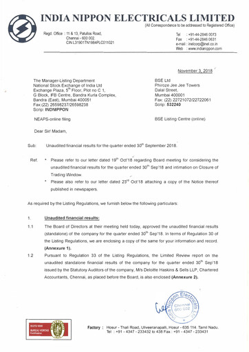 Thumbnail India Nippon Electricals Quarterly Report 2018-q2