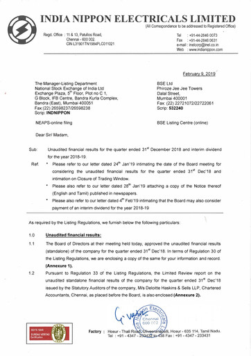 Thumbnail India Nippon Electricals Quarterly Report 2018-q3