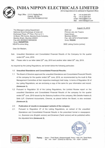 Thumbnail India Nippon Electricals Quarterly Report 2019-q1