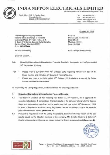 Thumbnail India Nippon Electricals Quarterly Report 2019-q2