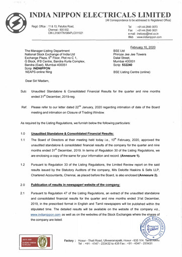Thumbnail India Nippon Electricals Quarterly Report 2019-q3