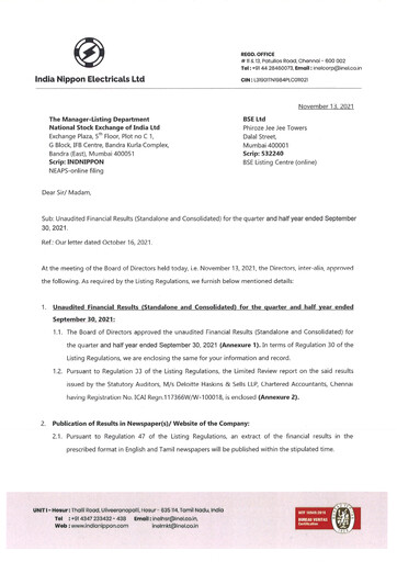 Thumbnail India Nippon Electricals Quarterly Report 2021-q2