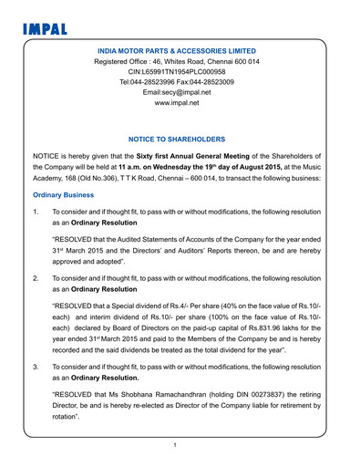 Vorschaubild India Motor Parts and Accessories Jahresbericht 2014-2015