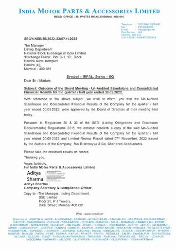 Vorschaubild India Motor Parts and Accessories Quartalsbericht 2022-q2
