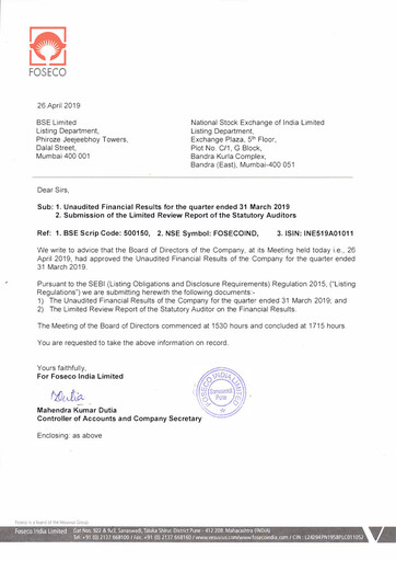 Miniature Foseco India
 Rapport trimestriel 2019-q1