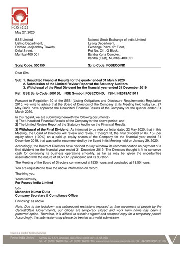 Miniature Foseco India
 Rapport trimestriel 2020-q1