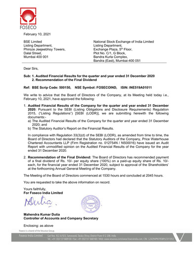 Miniature Foseco India
 Rapport trimestriel 2020-q4