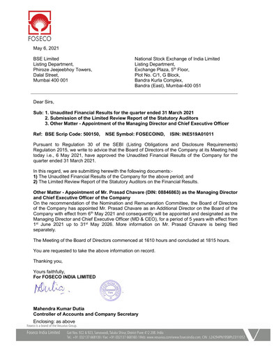 Miniature Foseco India
 Rapport trimestriel 2021-q1