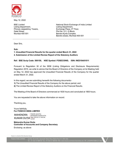 Miniature Foseco India
 Rapport trimestriel 2022-q1