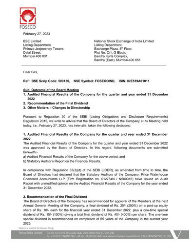 Miniature Foseco India
 Rapport trimestriel 2022-q4