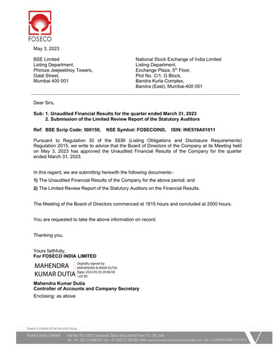 Miniature Foseco India
 Rapport trimestriel 2023-q1