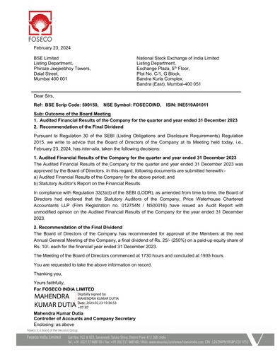 Miniature Foseco India
 Rapport trimestriel 2023-q4