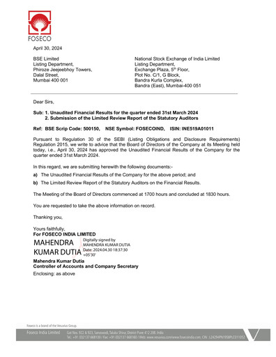 Miniature Foseco India
 Rapport trimestriel 2024-q1