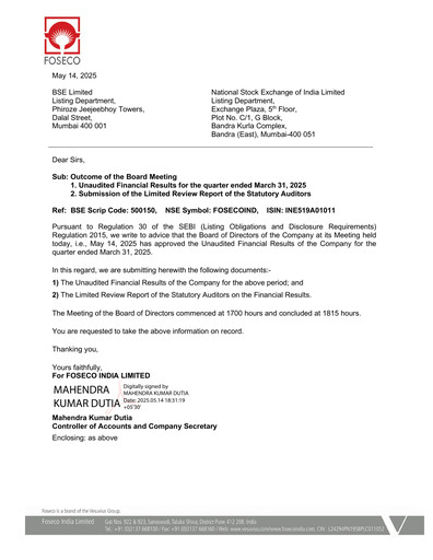 Miniature Foseco India
 Rapport trimestriel 2025-q1