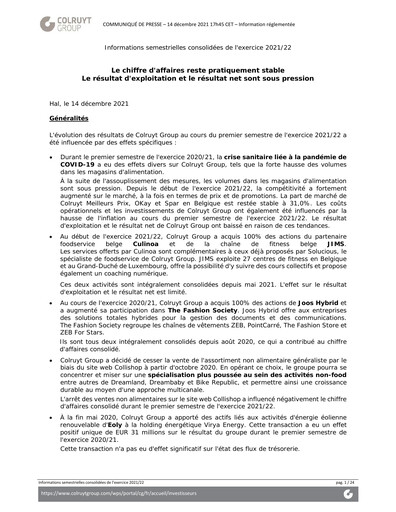 Miniature Colruyt Rapport semestriel 2021-h1