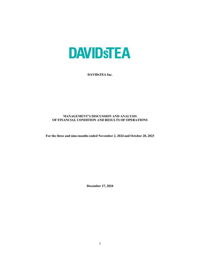 Vorschaubild DAVIDsTEA Quartalsbericht fy2024-q3