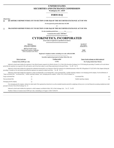 Thumbnail Cytokinetics
 Quarterly Report 2020-q2