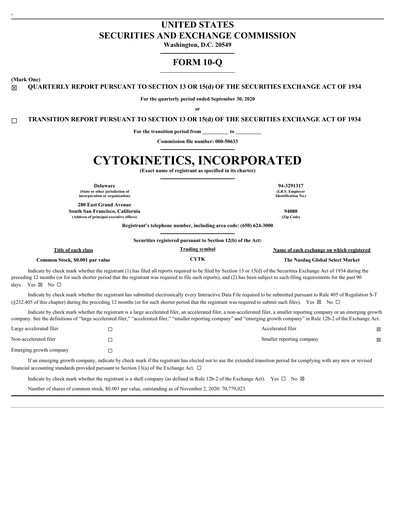 Thumbnail Cytokinetics
 Quarterly Report 2020-q3