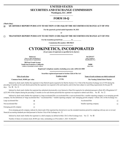 Thumbnail Cytokinetics
 Quarterly Report 2021-q3