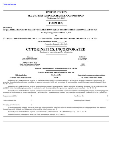 Thumbnail Cytokinetics
 Quarterly Report 2022-q1