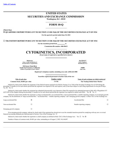 Thumbnail Cytokinetics
 Quarterly Report 2022-q2