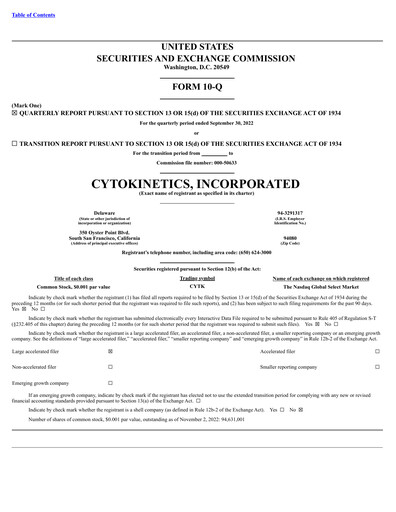 Thumbnail Cytokinetics
 Quarterly Report 2022-q3