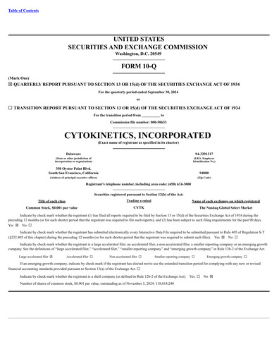 Thumbnail Cytokinetics
 Quarterly Report 2024-q3