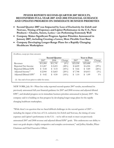 Thumbnail Pfizer Quarterly Report 2007-q2