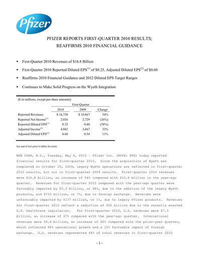 Thumbnail Pfizer Quarterly Report 2010-q1