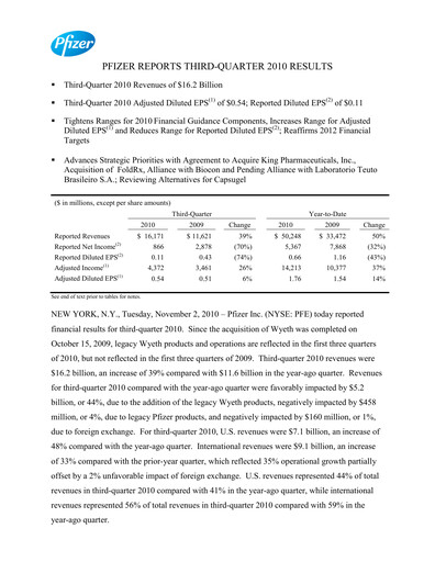 Thumbnail Pfizer Quarterly Report 2010-q3