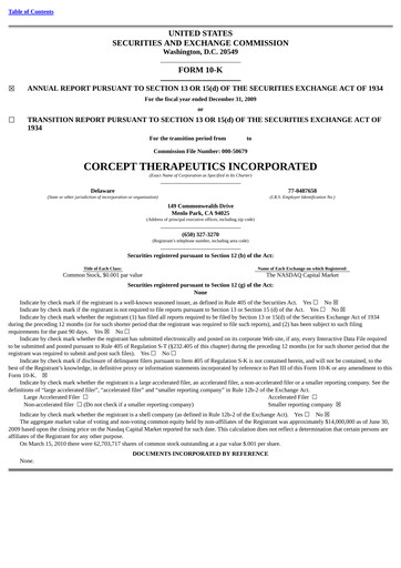 Thumbnail Corcept Therapeutics
 Annual Report 2009