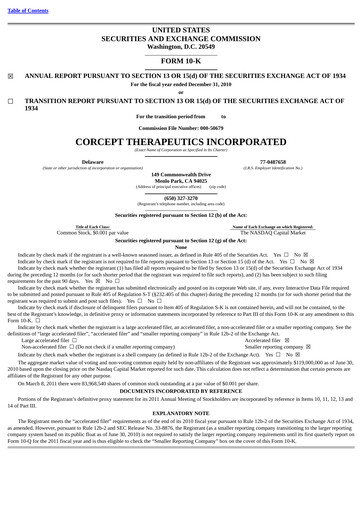 Thumbnail Corcept Therapeutics
 Annual Report 2010