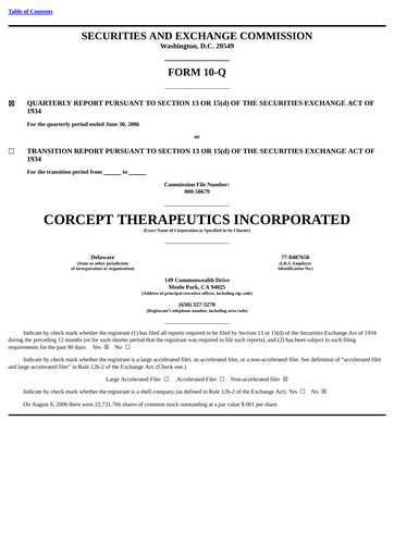 Thumbnail Corcept Therapeutics
 Quarterly Report 2006-q2