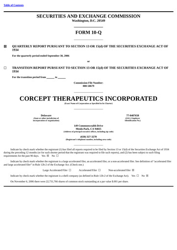 Thumbnail Corcept Therapeutics
 Quarterly Report 2006-q3