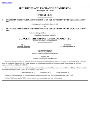 Thumbnail Corcept Therapeutics
 Quarterly Report 2007-q1