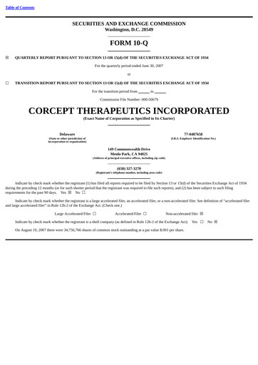 Thumbnail Corcept Therapeutics
 Quarterly Report 2007-q2