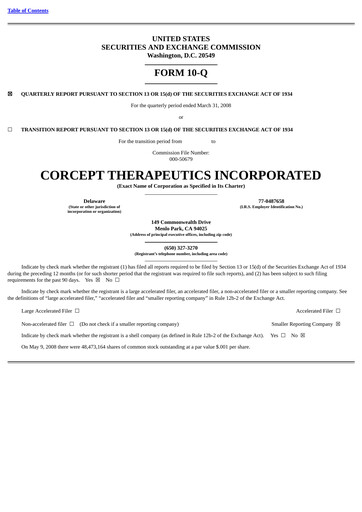 Thumbnail Corcept Therapeutics
 Quarterly Report 2008-q1