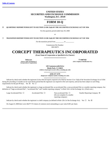 Thumbnail Corcept Therapeutics
 Quarterly Report 2008-q2