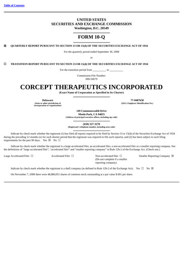 Thumbnail Corcept Therapeutics
 Quarterly Report 2008-q3